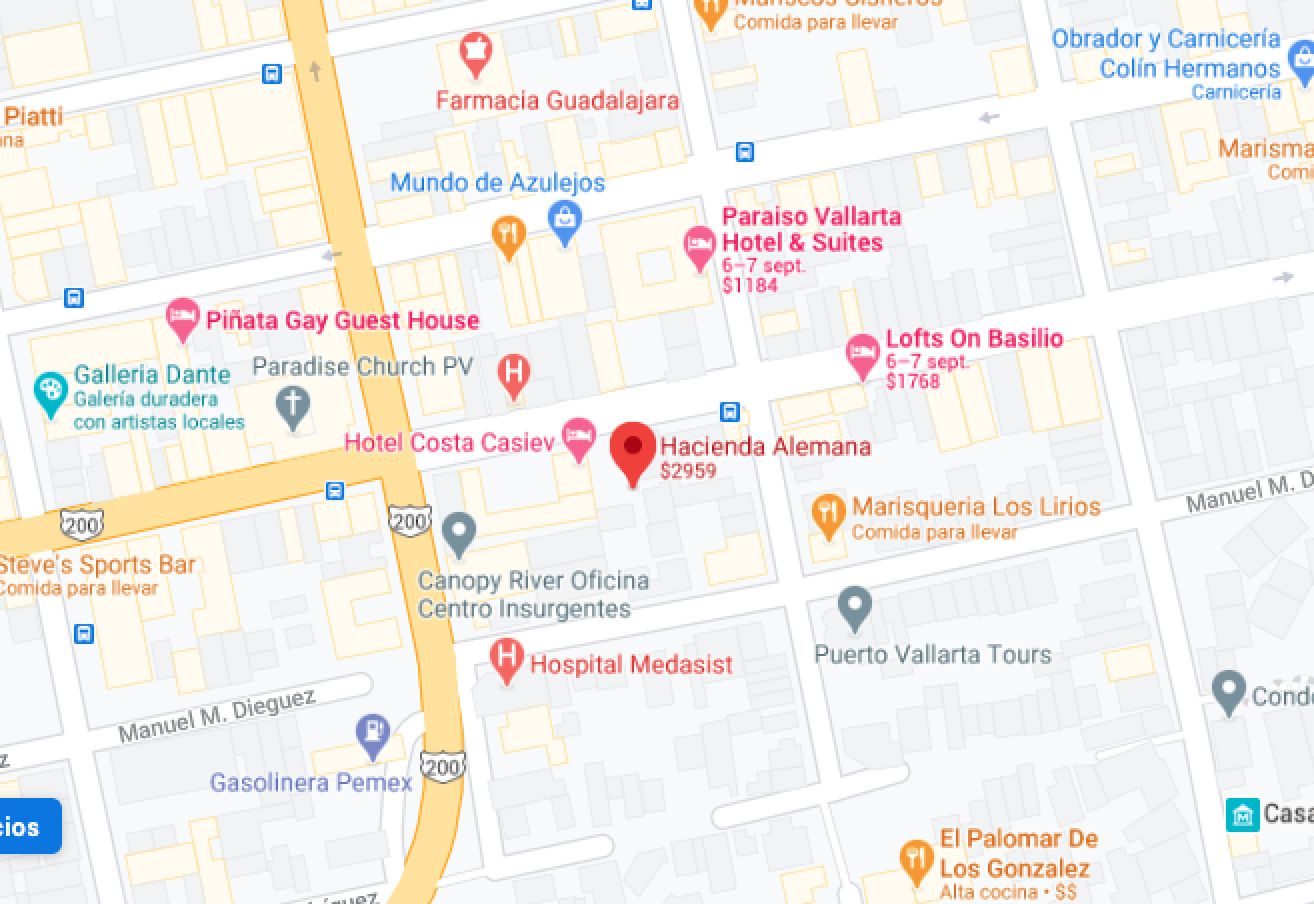 Map with directions to Hacienda Alemana
